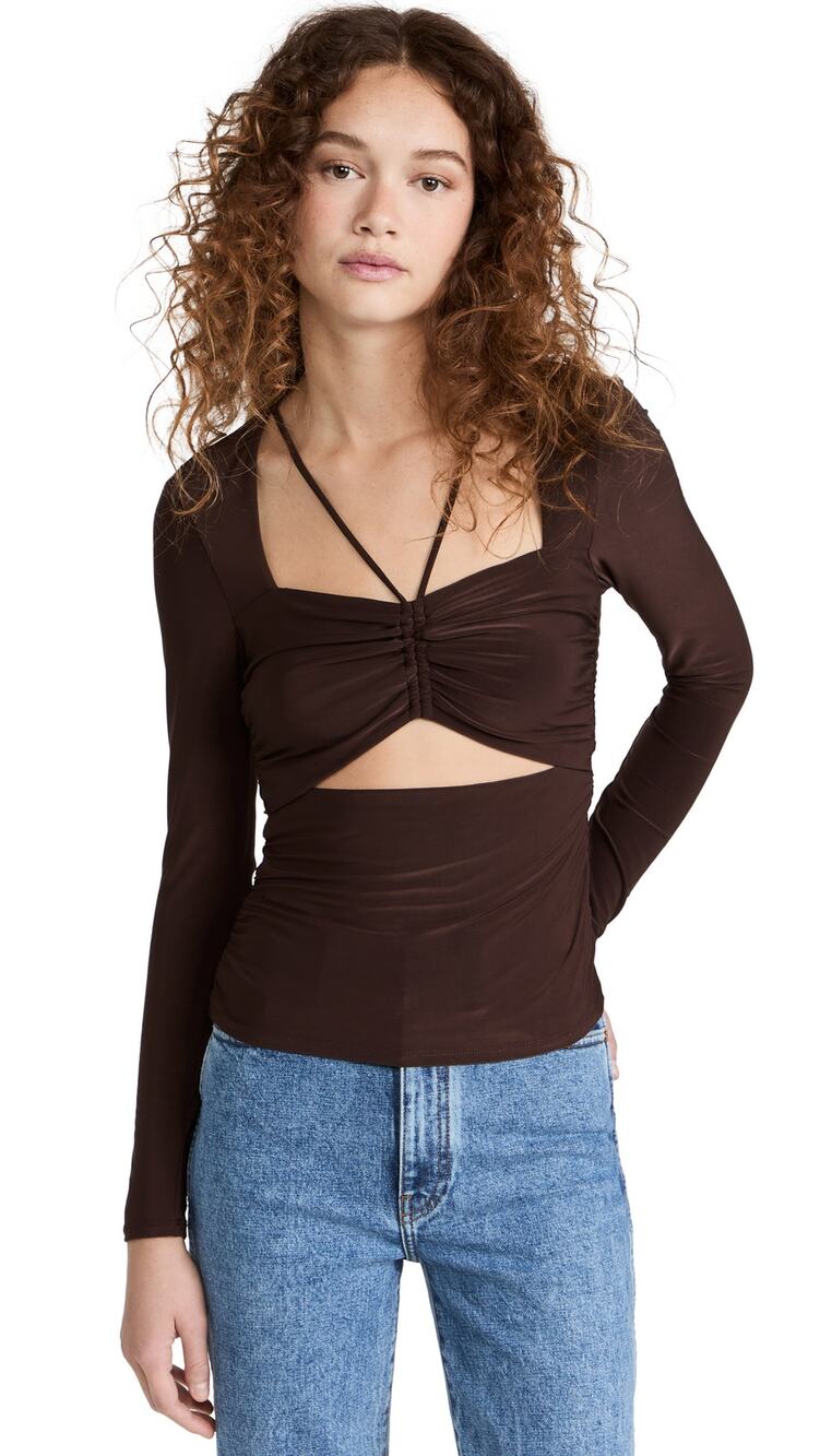 WAYF Cutout Long Sleeve Top - Chocolate Brown - Size S